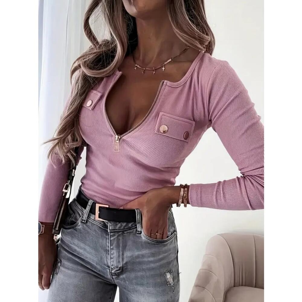 OUFEIYA Womens Mauve Pink Purple Henley Ribbed Quarter Zip Fitted Shirt Medium 6